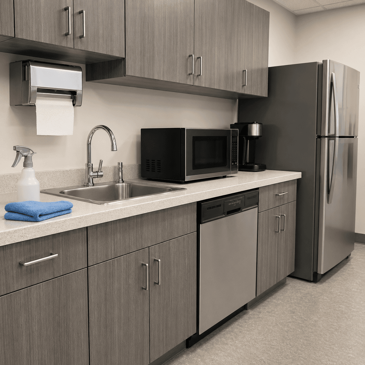 Clean office kitchenette and breakroom after recurring cleaning