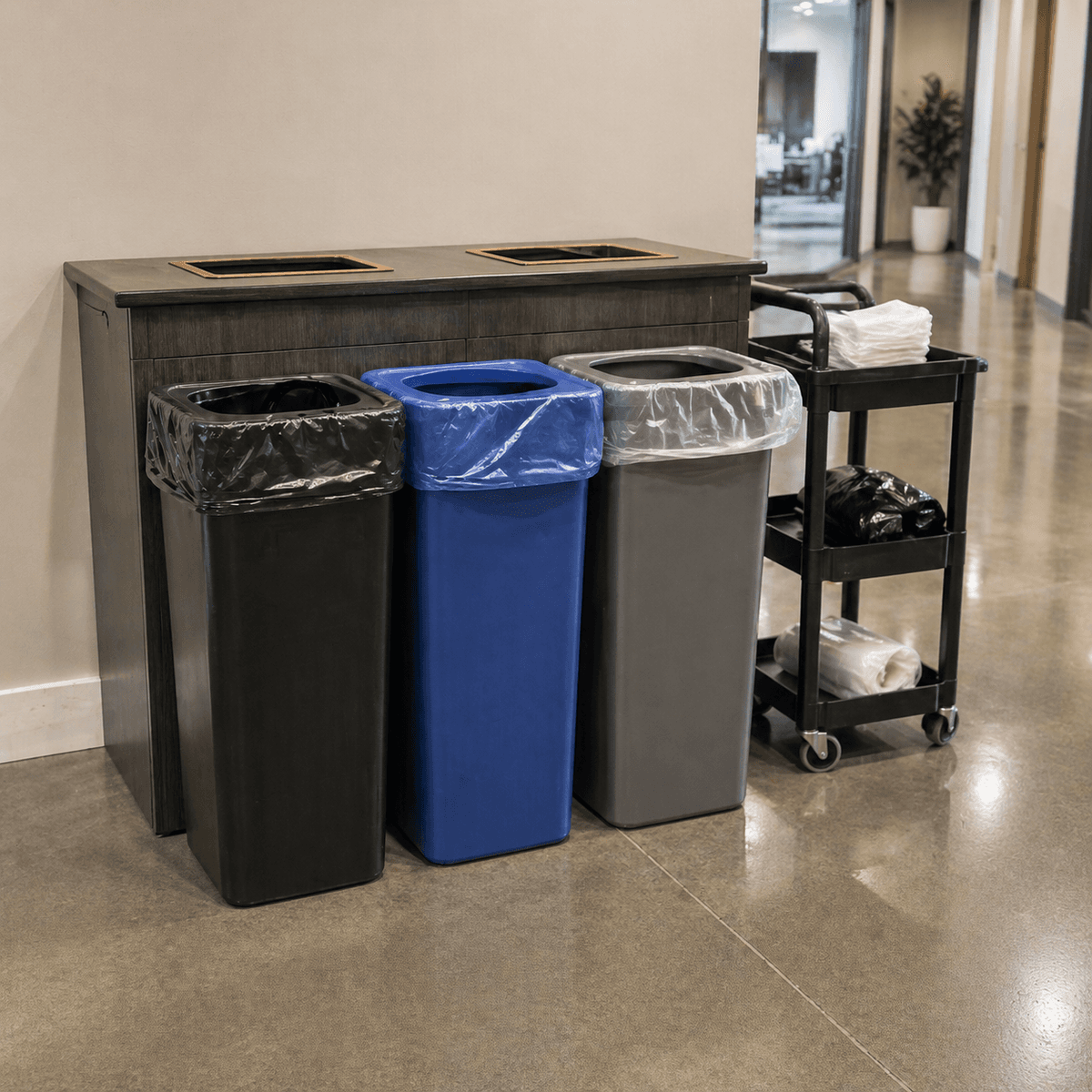 Office trash and recycling service station after janitorial visit