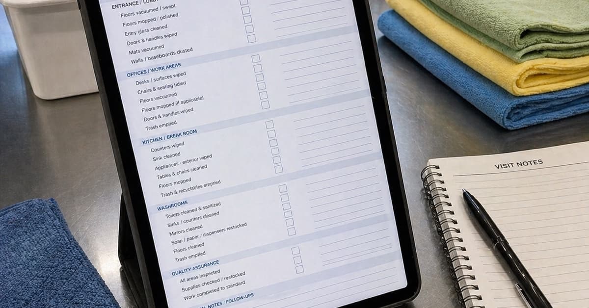 Commercial cleaning visit notes beside folded microfiber cloths