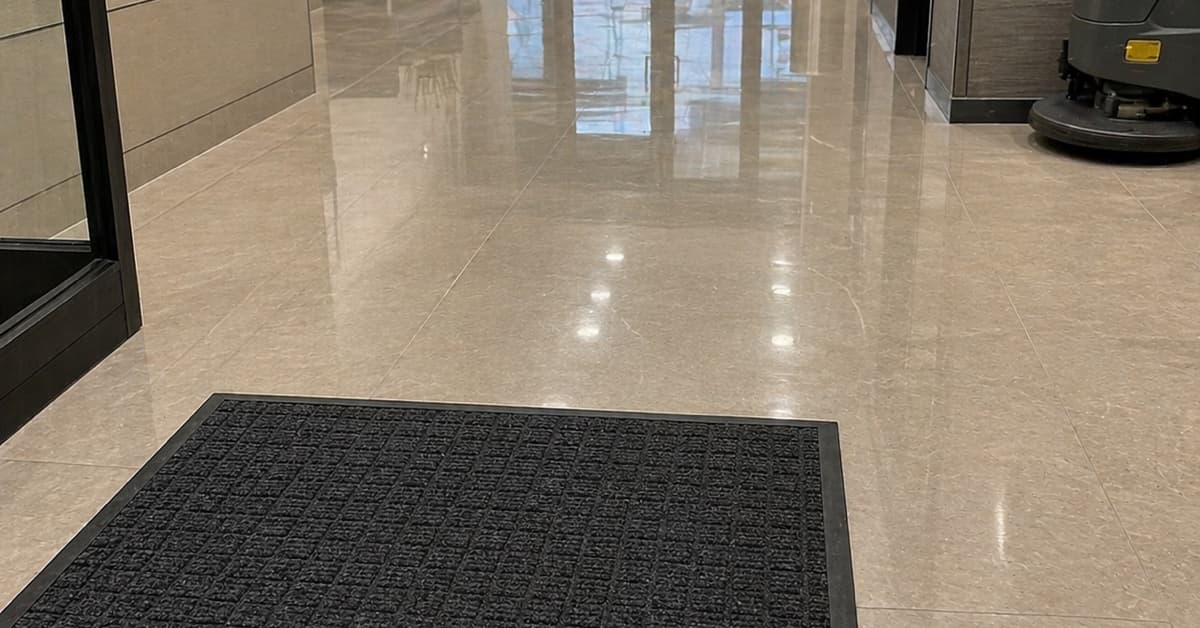 Clean commercial entrance floor and entry mat after floor care service