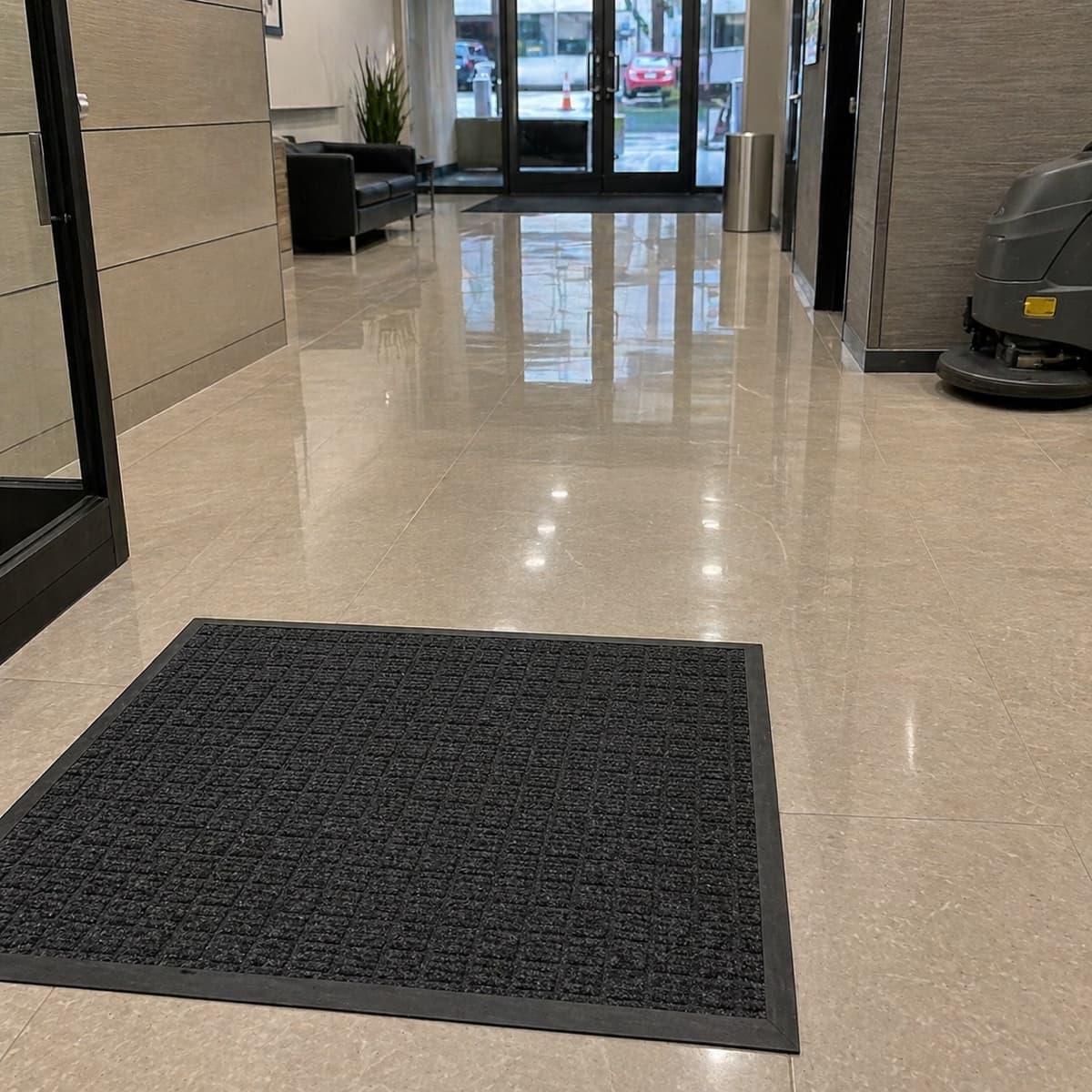 Clean commercial entrance floor and entry mat after floor care service