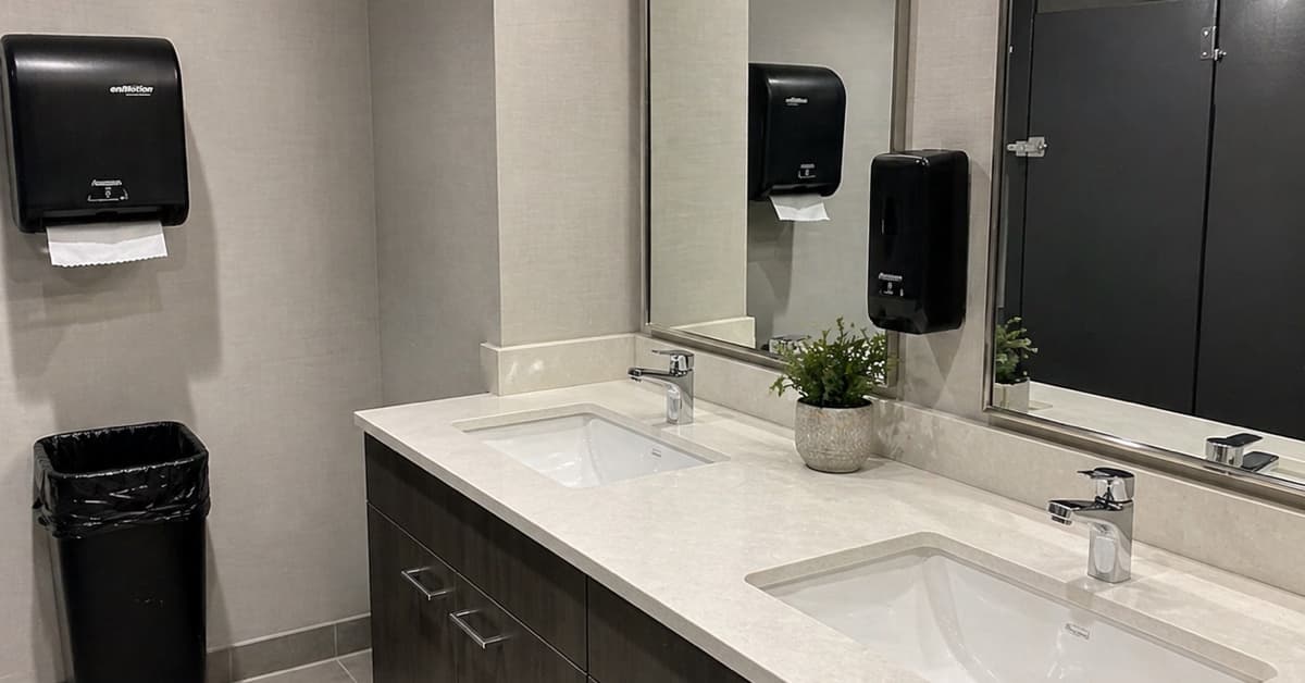 Clean commercial washroom with restocked paper and soap dispensers