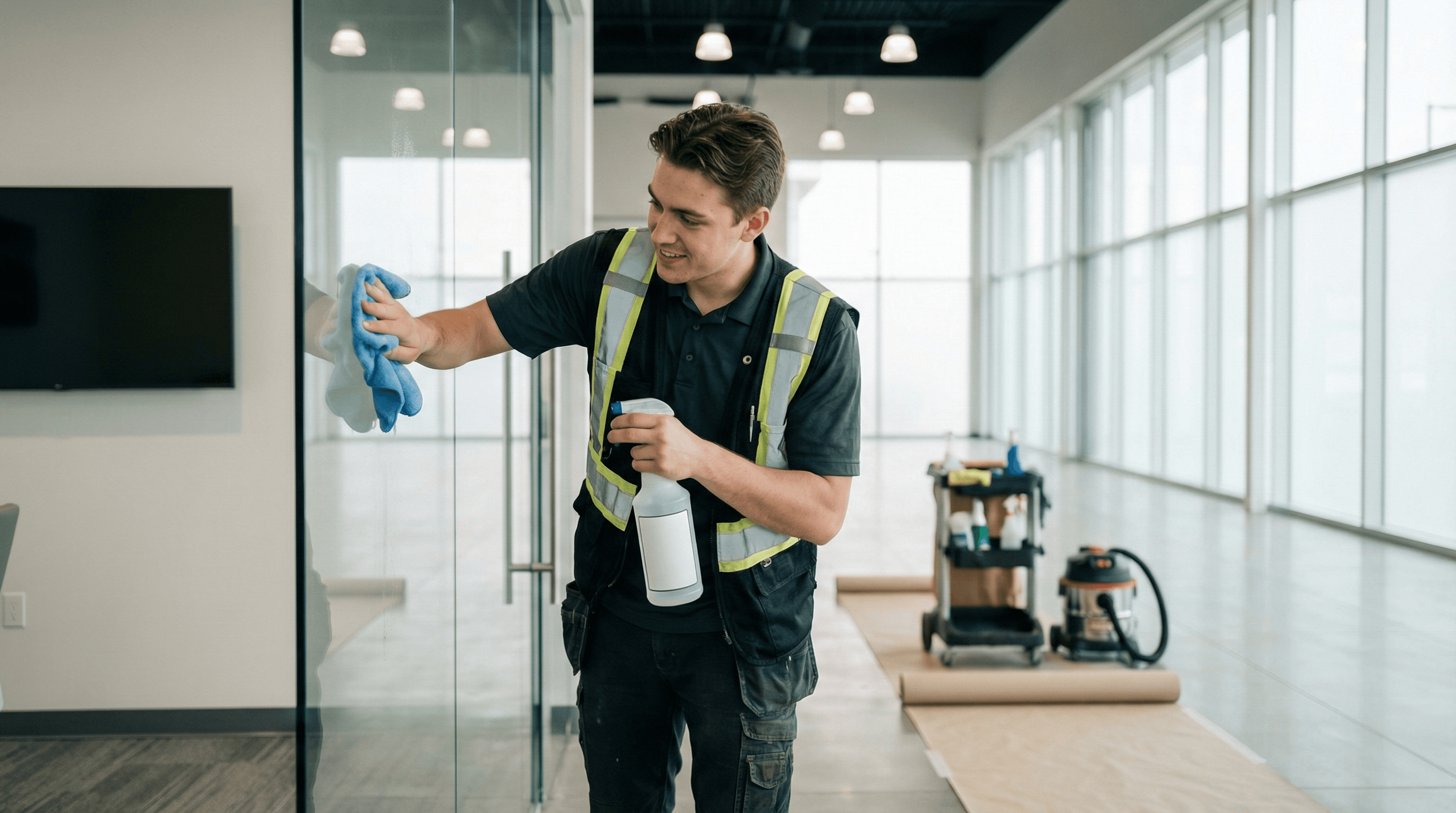 A team preparing a one-time commercial cleaning reset.